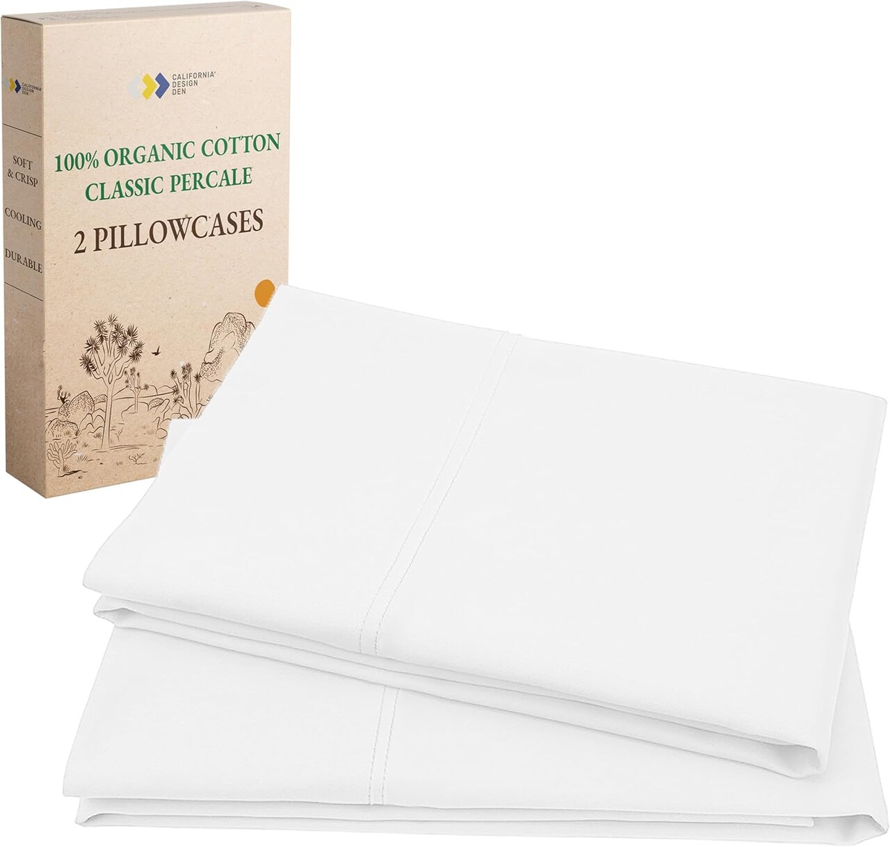 Organic Cotton Pillow Cases Queen/Standard Set of 2, Soft & Cooling Percale Weave Cotton Pillowcases (Bright White)